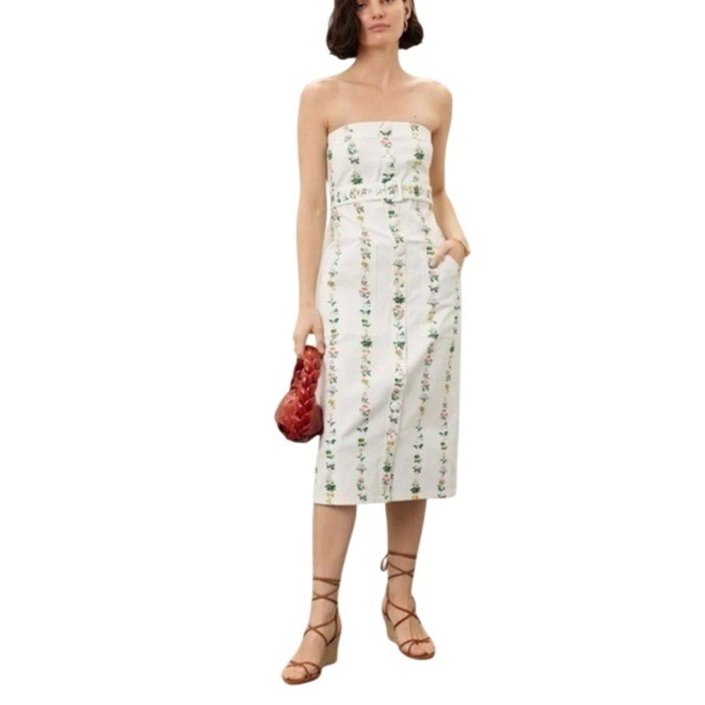 Adam Lippes Collective Strapless Belted Floral Cotton Twill Midi Dress White 2